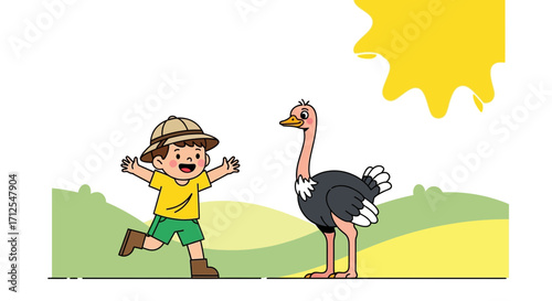 Excited Boy Encountering An Ostrich in An Amusement Park During A Sunny Day