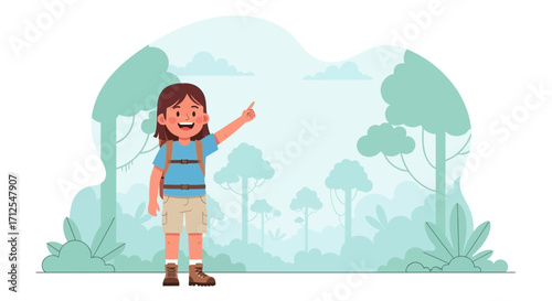 Excited Child Hiker Pointing Towards Adventure in Lush Wilderness Illustration