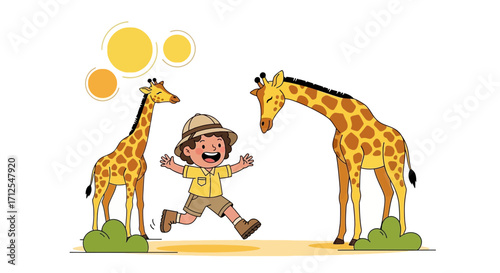 Excited Child Exploring African Wildlife With Playful Giraffes In A Sunny Cartoon