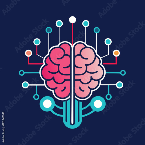 Futuristic ai brain icon with neural network connections and technological elements