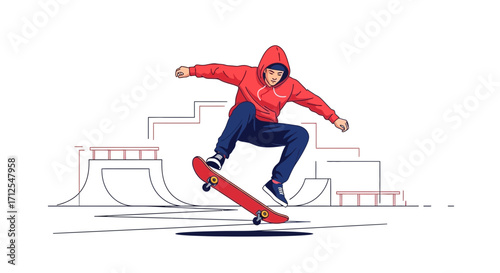 Dynamic Skateboarder Performing A Jump With Bold Colors Against Minimalist Skatepark Design