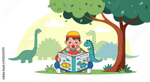 Excited Child Reading Dinosaur Book Under a Shady Tree in Daytime Sunlight