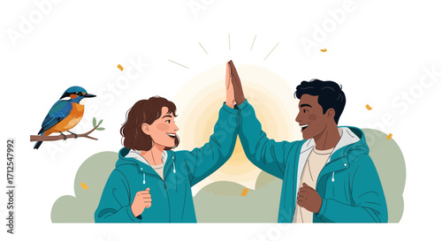 Excited Duo Giving High Five As A Bird Observes: Symbolic Of Accomplishment And Celebration