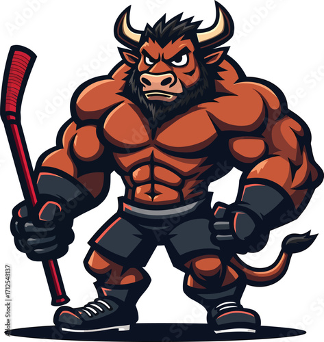 Muscular bull standing strong with hockey stick, angry wild beast