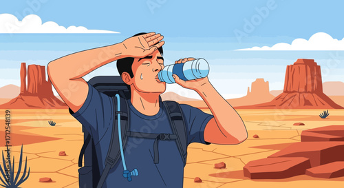 Exhausted Hiker Drinks Water While Traversing Arid Desert Landscape Under Sun's Blaze