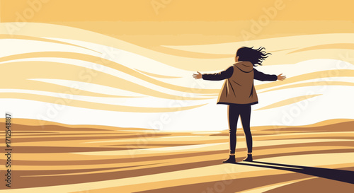 Experiencing Serenity: A Person With Arms Outstretched In A Desert Landscape