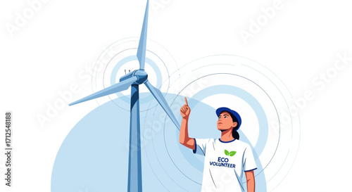 Eco Volunteer Explains Renewable Energy With A Wind Turbine For Clean Future
