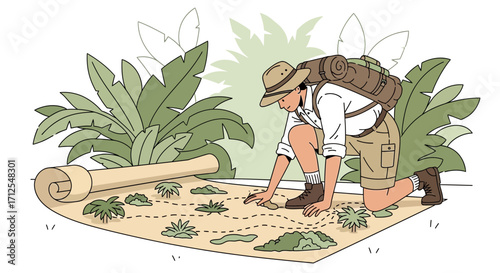 Explorer Analyzing A Treasure Map Under Lush Foliage In Jungle Adventure