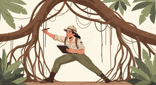 Explorer Amidst Tree Roots Journaling In Tropical Landscape, Vector Art, Illustration Ready To Use