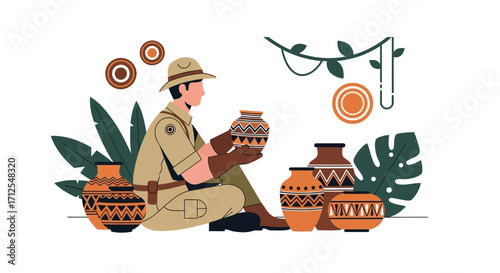 Explorer Analyzing African Pottery Collection, Cultural Artifacts, Flat Vector Illustration