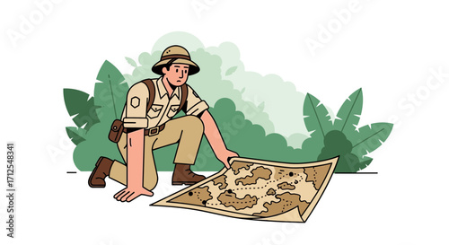 Explorer Analyzing Map in Lush Jungle, Illustration of Adventure and Exploration