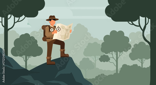 Explorer Analyzing Map Amidst Verdant Woodland Scene to Ascertain Navigation Route
