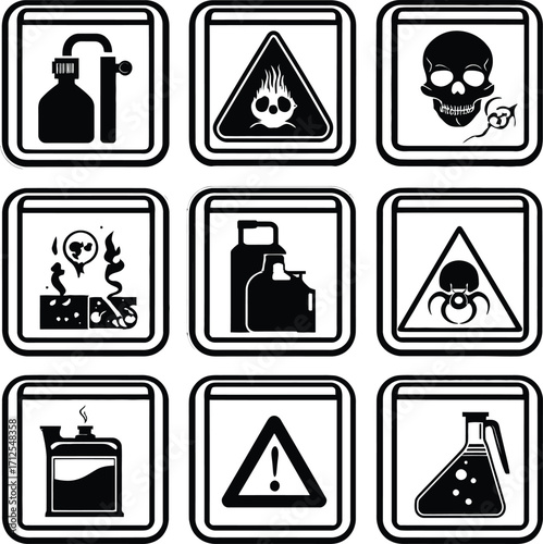 Chemical Hazard Symbol Grid — Minimalist Black and White 3x3 Icon Set Featuring Toxic, Flammable, Biohazard, Corrosive, Reactive, and Laboratory Safety Signs for Industrial Packaging, Scientific 