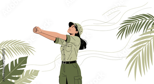 Explorer Appears Ecstatic With Arms Outstretched Amidst Lush Tropical Greenery