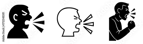Shouting and screaming person icons set — argument, quarrel, conflict, fan support, political speech, loud conversation, call for help and rock music singing