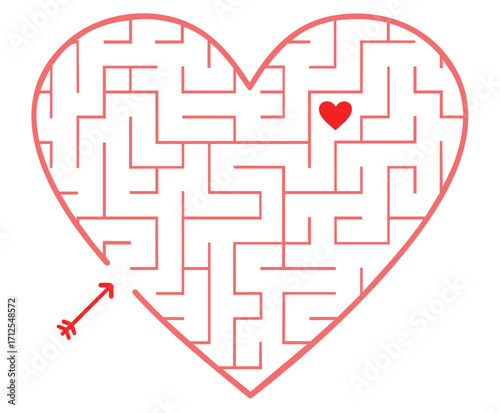 Heart maze puzzle with arrow path to love
