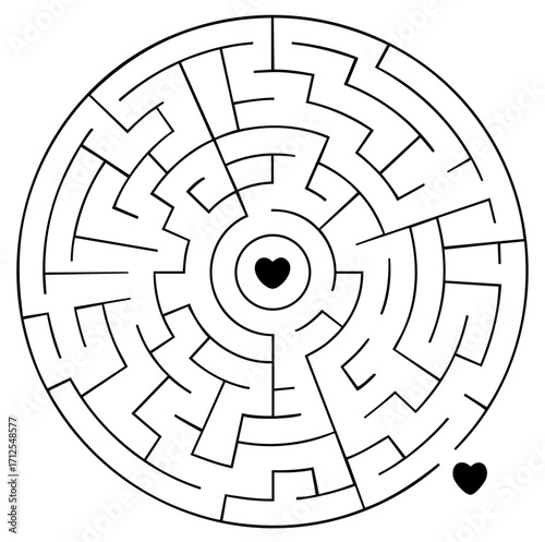 Circular heart maze puzzle template with love symbol in the center, Valentine’s Day romantic game design