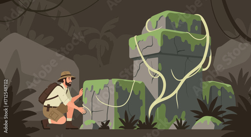 Explorer Discovering Ancient Ruins In Jungle With Moss Covered Stone Structures