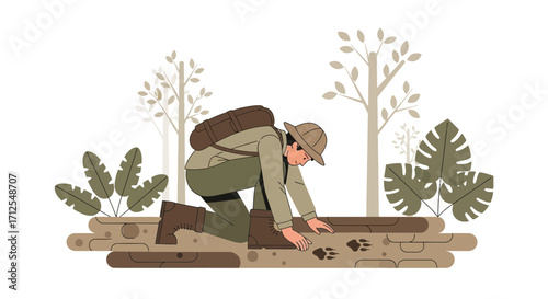 Explorer Discovering Animal Footprints, Searching And Observing Nature's Signs