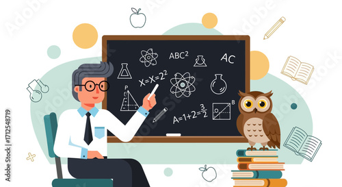 Educational Illustration Featuring a Teacher, Owl, Books, and Chalkboard for Learning