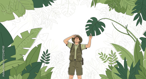 Explorer Discovering Nature's Secrets Amidst Lush Jungle and Tropical Vegetation