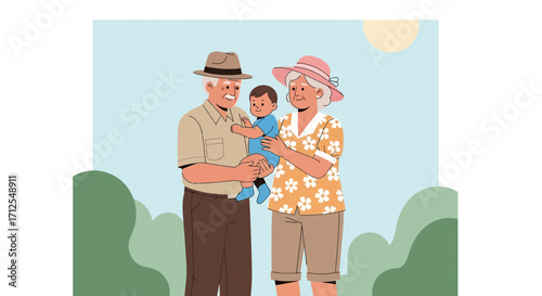 Elderly Couple Holding Baby in Nature With Smiling Faces and Happy Moment