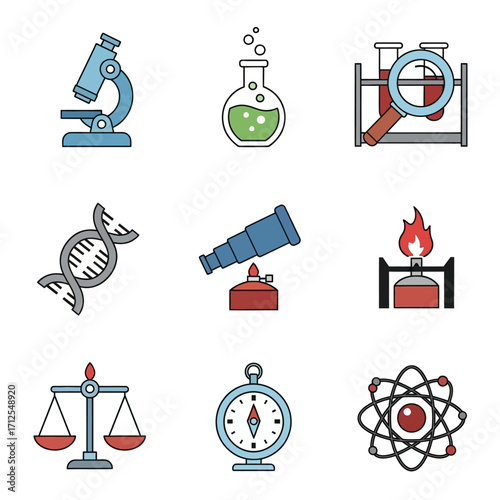 Science and Research Icons - Microscope, Beaker, DNA, Telescope, and More.