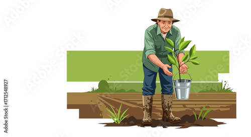 Elderly Gardener Planting Sapling In Field Depicting Sustainable Farming and Growth