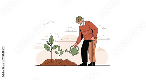 Elderly Gentleman Nurturing Saplings: A Gentle Illustration of Gardening and Caretaking