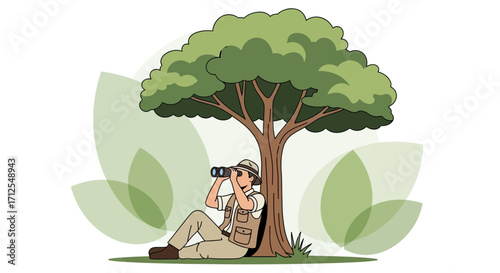 Explorer Enjoying Wildlife Observation Under a Tree While Using Binoculars