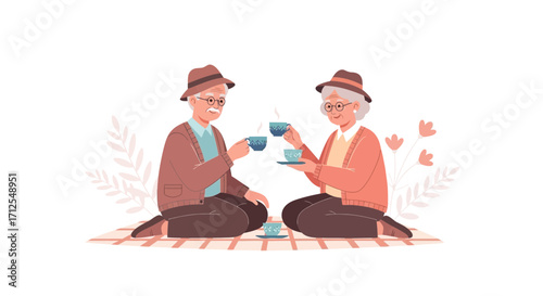 Elderly Couple Sharing Tea Outdoors, Celebrating Friendship In Casual Relaxing Setting