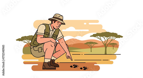 Explorer Examining Footprints In The African Savannah Searching For Traces Of Animals