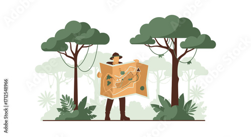 Explorer Examining Map In Forest, Exploring Jungle Wilderness Illustrated Vector Design