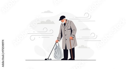 Elderly Person Cleaning the Environment with a Bag, Conceptual Vector Illustration