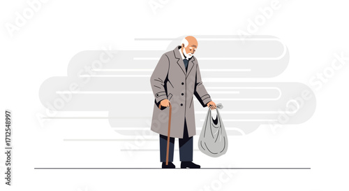 Elderly Man Walks Slowly, Symbolic Of Old Age, Loneliness, And Burden With Bag