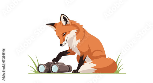 Curious Red Fox Examining Binoculars, Nature Exploration And Discovery Concept Illustration