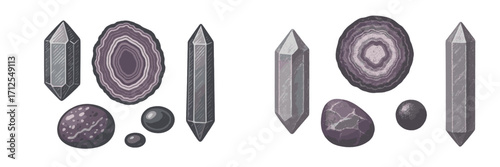 Collection of unique purple stones and crystals arranged on a plain background showcasing their natural beauty and structure