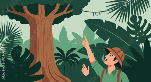 Explorer Gazing At Jungle Canopy High Among Tall Trees With Lush Foliage