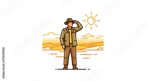 Explorer Gazing At The Horizon Under A Scorching Sun in A Arid Landscape