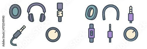 Various audio equipment icons showing headphones, connectors, and other sound-related elements for digital design purposes