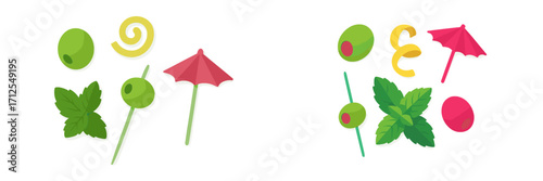 Colorful cocktail garnishes arranged on a white surface showcasing olives, mint leaves, and decorative umbrellas