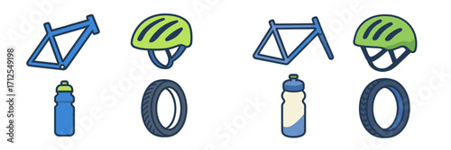 Bicycle parts and accessories including frames, helmets, wheels, and water bottles arranged in a simple, colorful layout