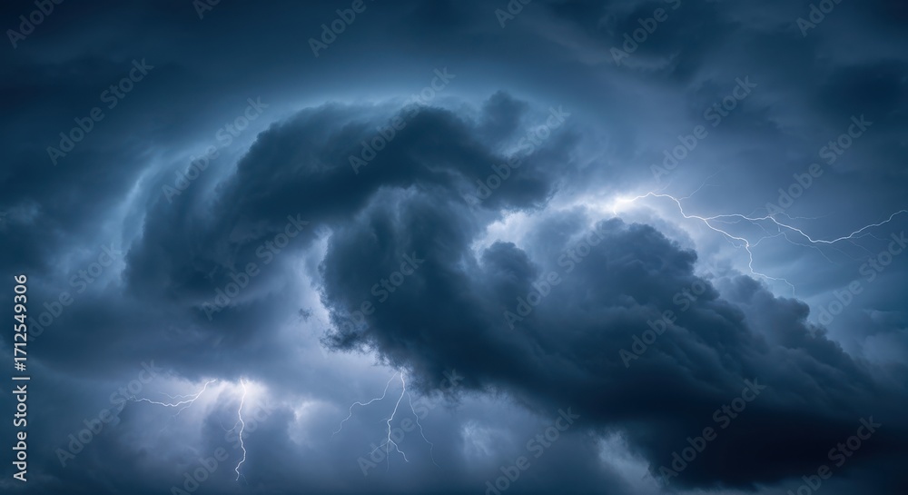 Obraz premium Dramatic dark storm clouds swirling with rays of light breaking through