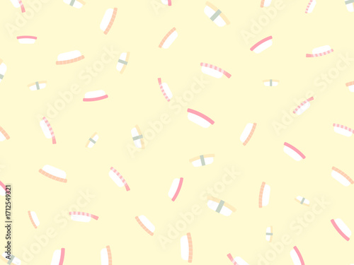 お寿司　まぐろ　サーモン　たまご　えび　黄色　パターン　背景　sushi background