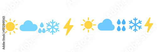 Weather symbols representing sun, clouds, rain, snow, and thunder from sunny to snowy conditions