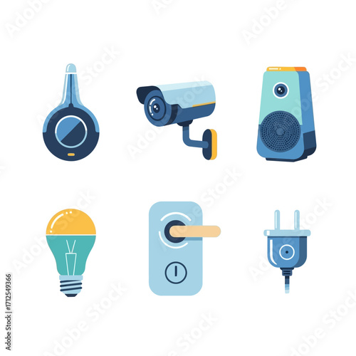 Smart Home Devices - Security Camera, Speaker, Light Bulb, Door Lock, Plug.