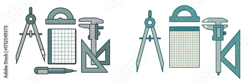 Drawing and measuring tools on a workspace with grid paper and drafting template