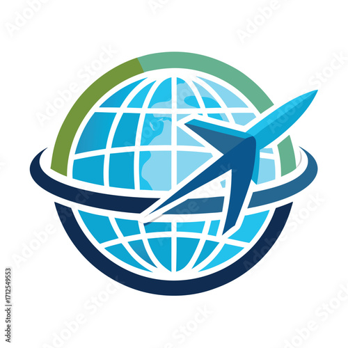 Modern travel agency logo featuring a stylized airplane circling a vibrant globe symbolizing global adventures and exploration