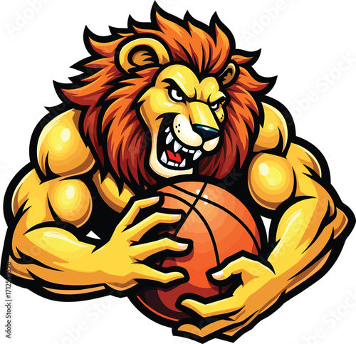 Strong lion grabbing basketball, powerful jungle predator athlete cat