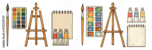 Art supplies on display for watercolor painting session at an outdoor studio in sunny weather